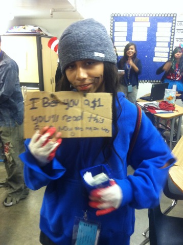 Juan Sosa seventh grader at Animo Jefferson Charter Middle School dresses up as a hobo on October 31 and wins funniest costume on the costume contest 