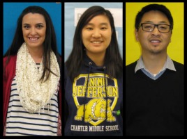 These are the basketball coaches.To the left is Carly Pace, in the middle is Tiffany Fang, and to the right is Thomas Lo.