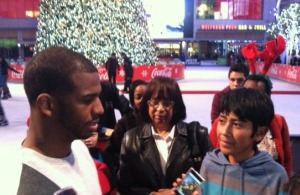 Editor-in-Chief Alejandro Salas interviews professional basketball player Chris Paul of the Los Angeles Clippers. Paul skated with his family and participated in a ceremony to showcase his donation to the LAs Best after school program.  