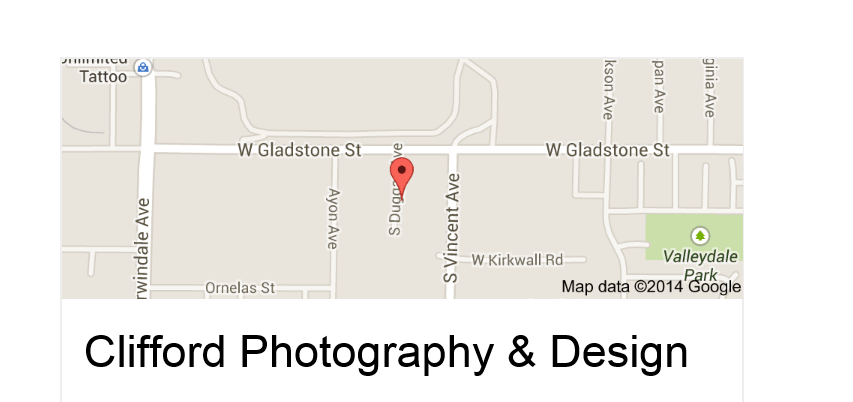 Map for location of Clifford Photography and Design.