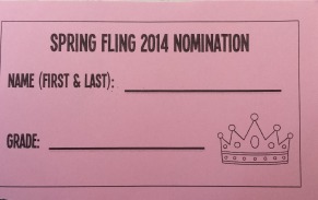 A nomination ballot for Spring Fling royalty.