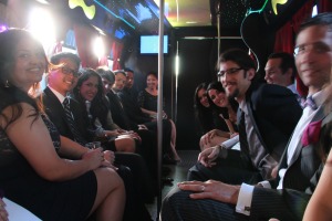 AJCMS staff inside the party bus on their way to the Dotties. 