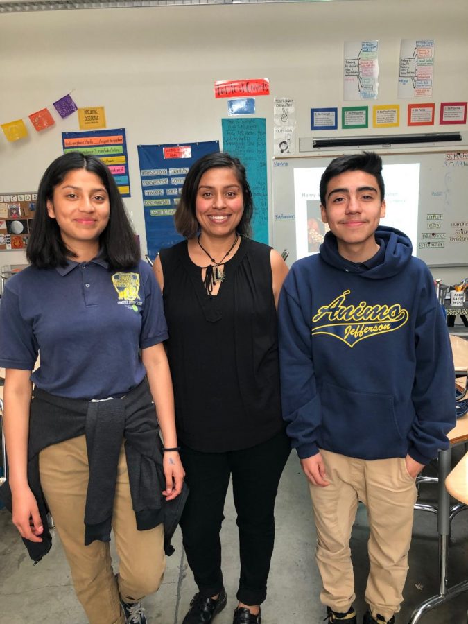 Eighth grade students, Lilibeth Ruiz and Brandon Vasquez with ethnic studies teacher, Marytza Melchor.                                  The vocabulary words and topics students are currently learning.         
