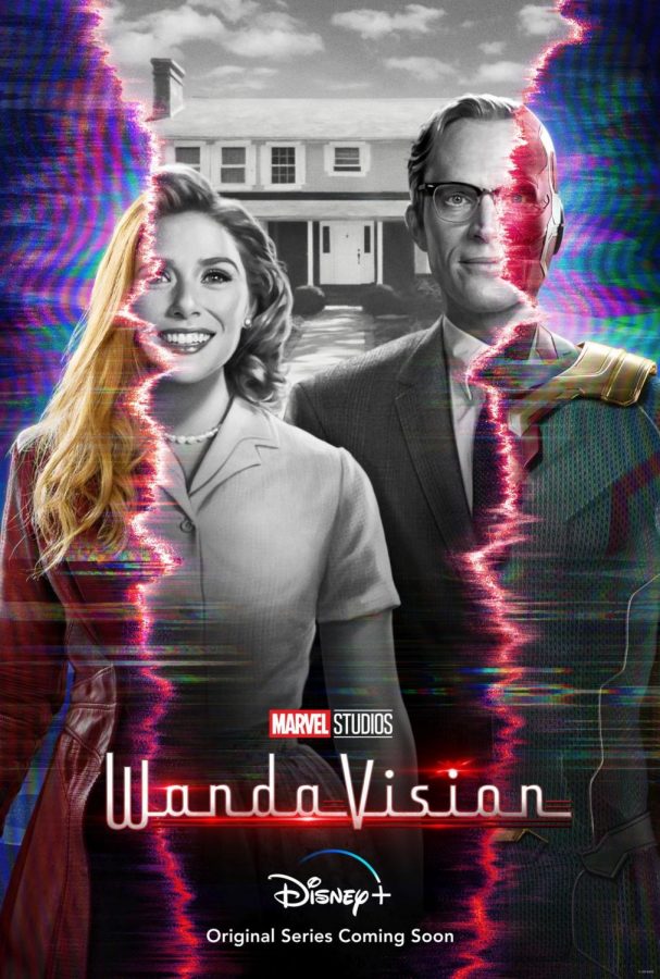 This picture is the cover of WandaVision. It shows the show title and  Wanda and Vision, one in half black and white, and the other half in color. 