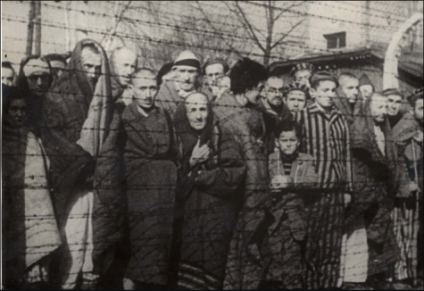 Holocaust survivors standing in front of a barbed wired fence after liberation.