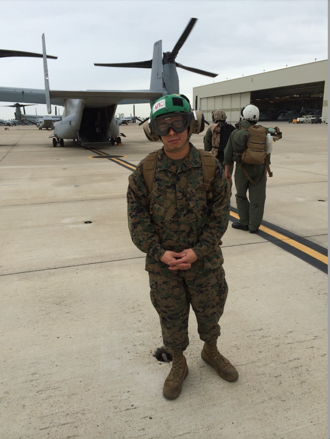 This is Irvin in his gear by an Osprey. He and fellow members were heading to Yuma, AZ for pre-deployment training. 