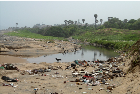 Water pollution due to garbage at a channel near VUDA Park beach in India