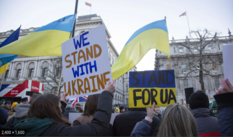 People protesting against the war between Ukraine and Russia.