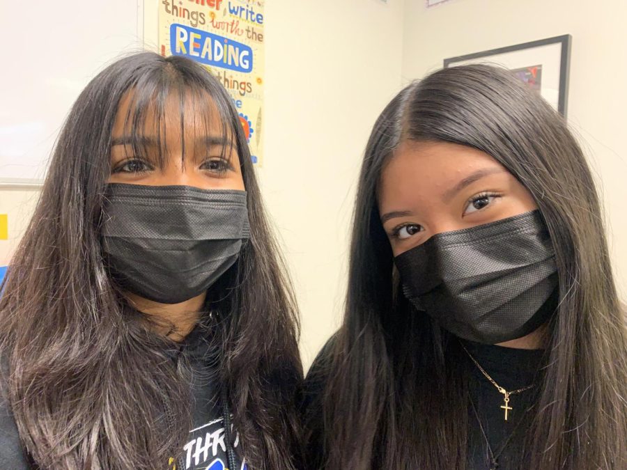 Students Lacey Sanchez and Nancy Pineda wear their masks everyday for their safety. Ever since we have come back to school in a pandemic, students, teachers, and staff have had to wear masks to help prevent the spread of Covid.