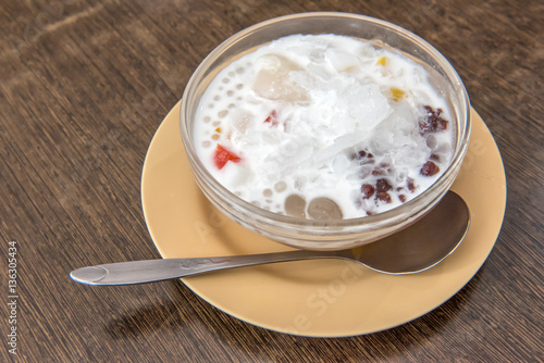 Bubur Cha Cha is a creamy, sweet Malaysian dessert that consists of yam taro, tapioca jelly, and sugar cooked in pandan-infused coconut milk.