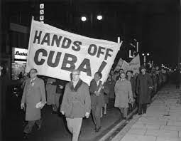 Members of the CND (Campaign for Nuclear Disarmament) protest over the Cuban Missile Crisis on October 28, 1962, in London, England.