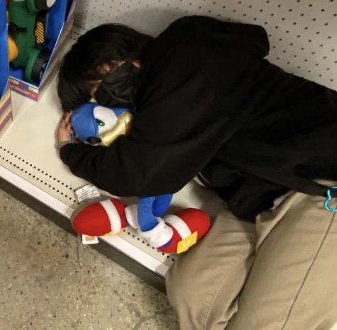 Milo Xochitl Hernandez at Target hugging a Sonic plush.