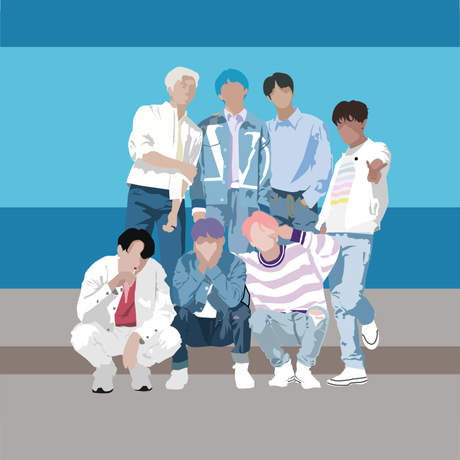 The seven members of BTS. Top row (by order) is RM, V, Jin, and J-hope. Bottom row is Jungkook, Suga, and Jimin.