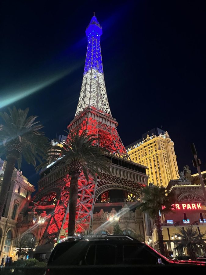 This picture was on the Las Vegas Strip. There is an Eiffel Tower towards the middle of the strip that has the colors of France.