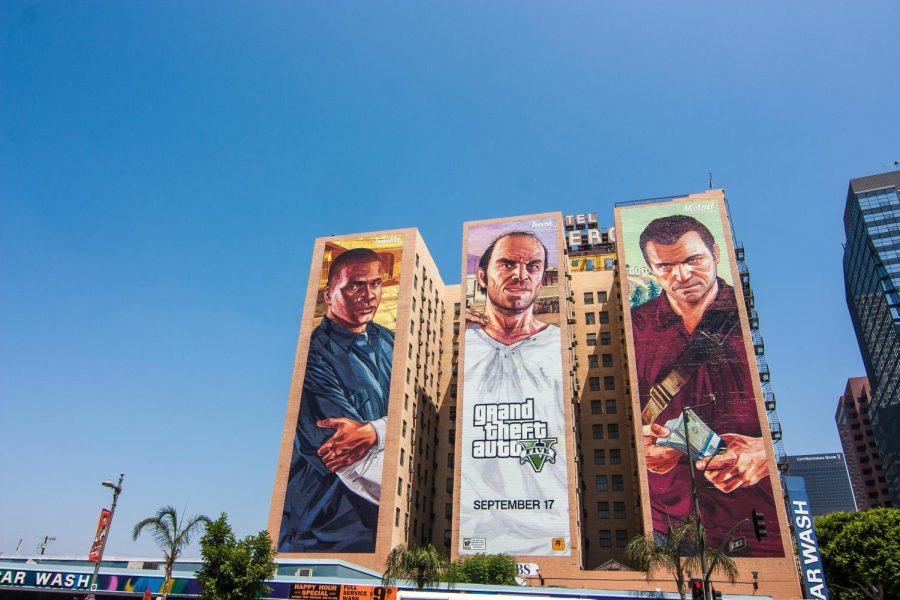 GTA 5 advertisement on the towers across from LA Live. 