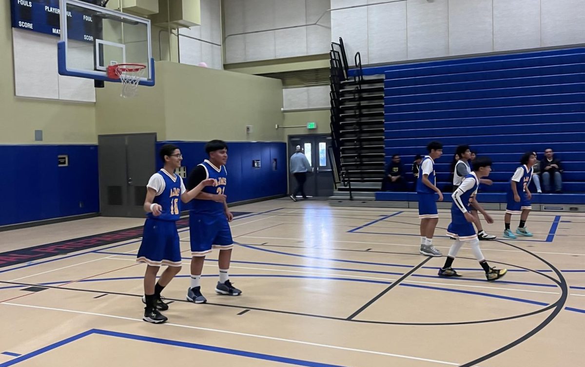 The basketball team playing defense. 