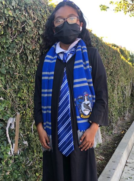 Veronica dressed up as a member of the house of Ravenclaw in Harry Potter.