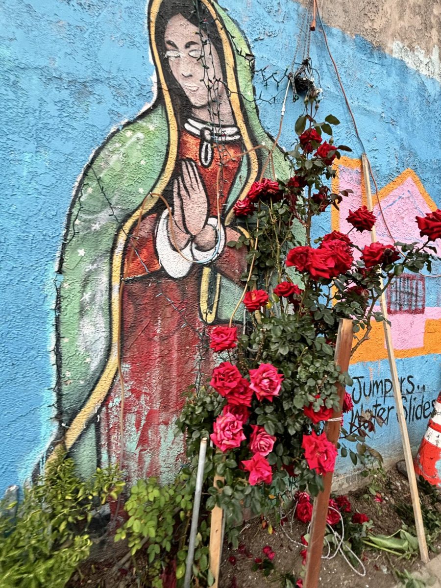 La Virgencita painted on a wall with some roses infront.