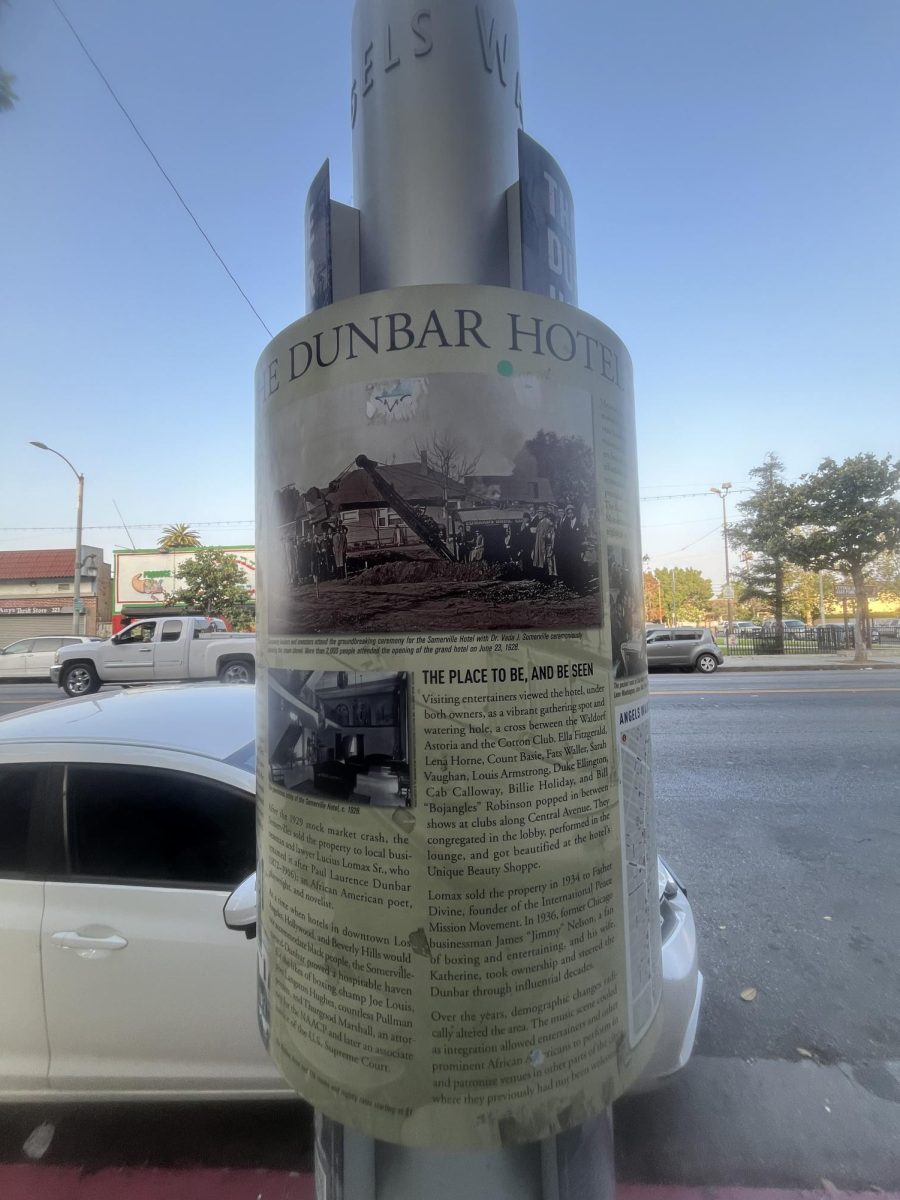 Across the street from Jazz Park is a picture of the Dunbar Hotel and under the picture is the history of the hotel so people could learn about the significance of the hotel to the jazz community and to see the things that have happened at the hotel.
