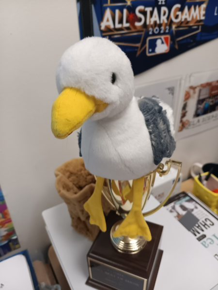 Seymour the Seagull. When Mr. Finer went to San Francisco with eighth graders, they went to visit Alcatraz and they all bought a Seymour the Seagull in the gift shop, so Mr. Finer got one too, and he now Seymour has an Instagram.