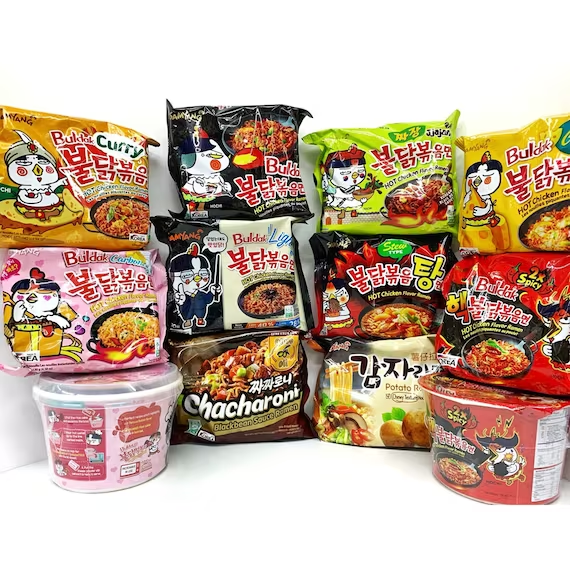 Different types of flavored Buldak Noodles.