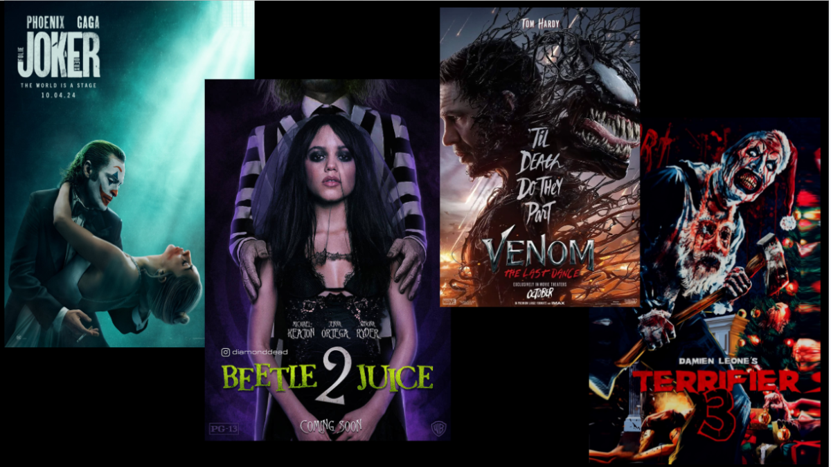Movie posters: Joker: Folie à Deux, Beetlejuice Beetlejuice, Venom: The Last Dance, and Terrifier 3
