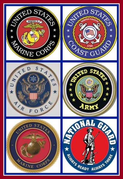 The different emblems of the branches in the military.