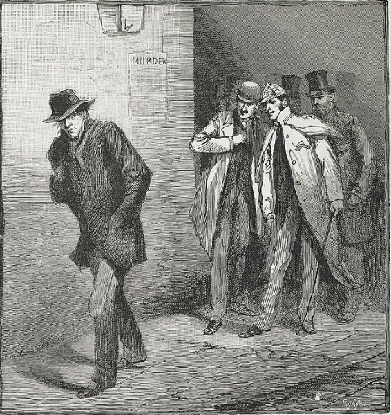 Suspect of Jack the Ripper walking away from a group of men.