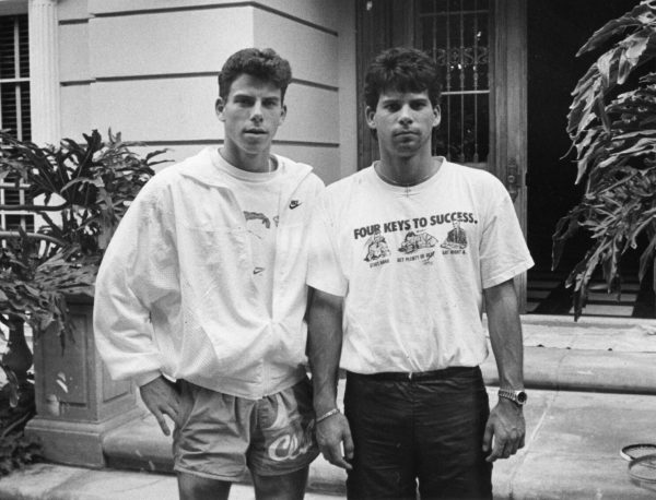 Erik Menendez, left, and is brother Lyle, in front of their Beverly Hills home. They are prime suspects in their parents murder.