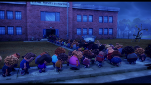 Sad kids going into school.