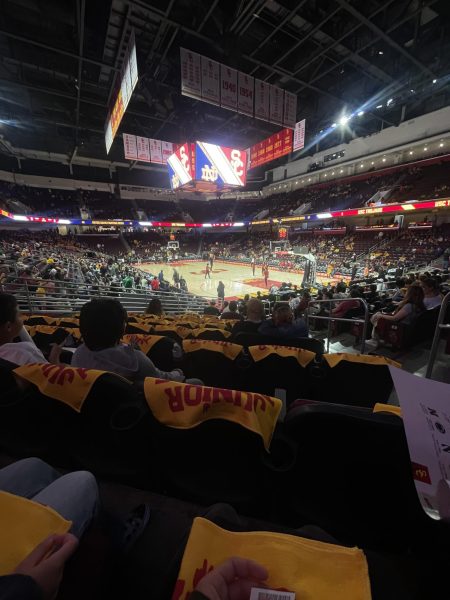A game at the USC basketball court filled with many people.