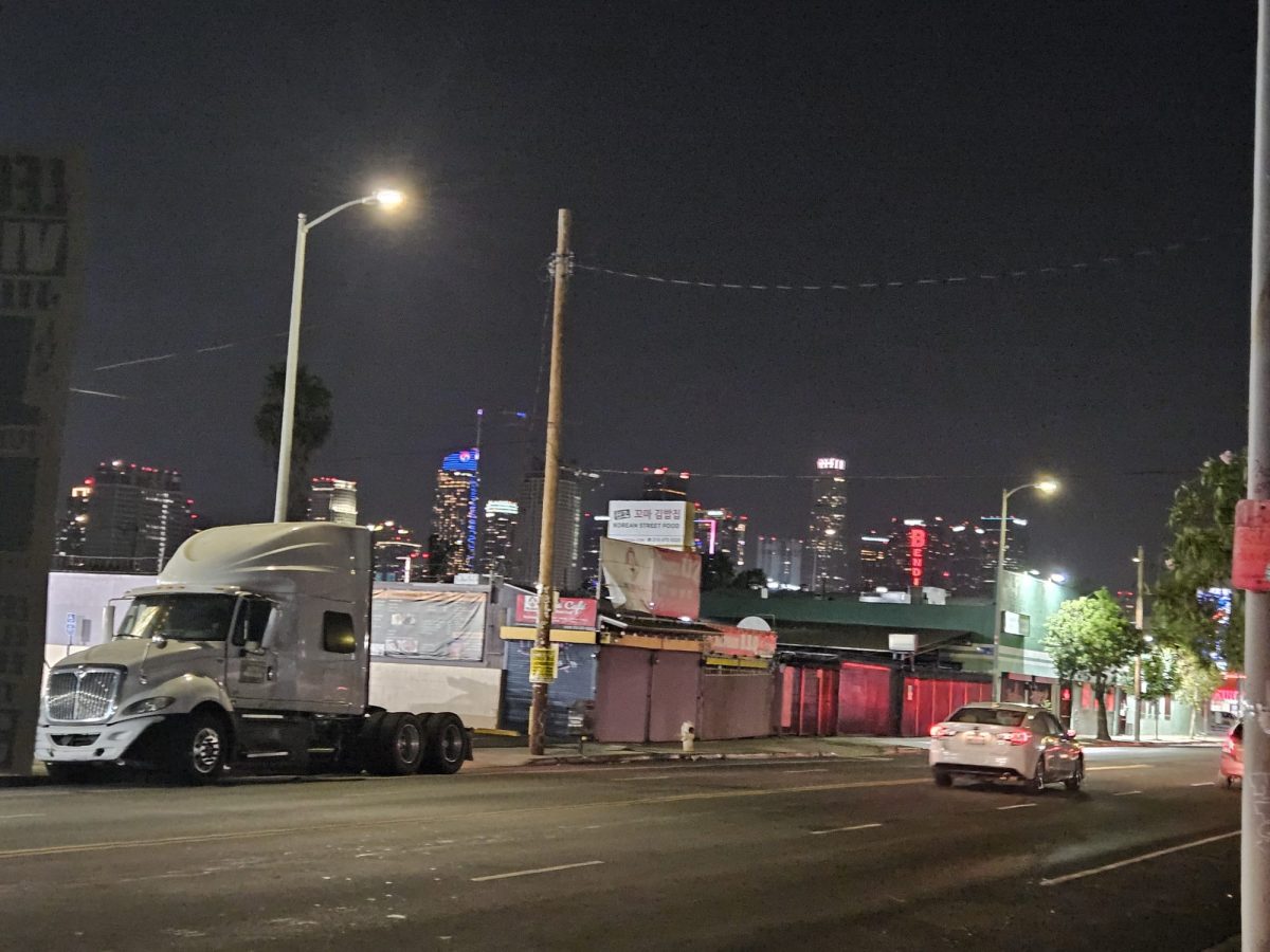 A picture of Downtown, LA. In this picture it is Downtown at night, where Los Angeles looks the best at night.