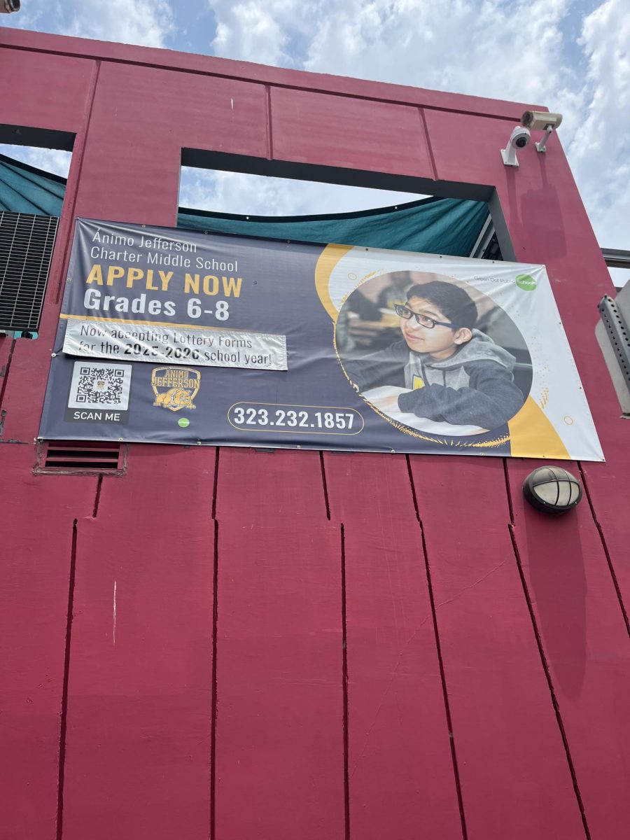 Enrollment poster outside of Animo Jefferson Middle School building. 