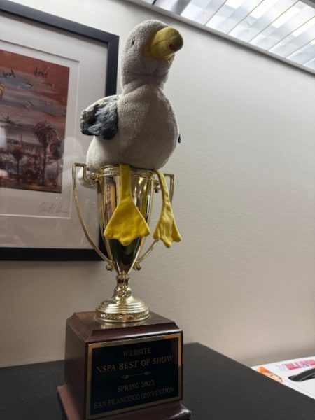 Seymour Seagull rests on top of a trophy in the back of Mr. Finer's room. Two years ago, Mr. Finer's investigations editors got Seymour in the gift shop of Alcatraz on a trip to San Francisco, where they also won the trophy.  