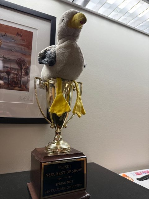 Seymour Seagull rests on top of a trophy in the back of Mr. Finer's room. Two years ago, Mr. Finer's investigations editors got Seymour in the gift shop of Alcatraz on a trip to San Francisco, where they also won the trophy.  