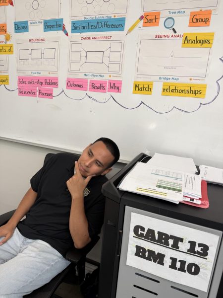 Mr. Aleman sits on his chair in front of his Thinking Maps in his classroom to ponder. He wants to sit down for a moment to think.