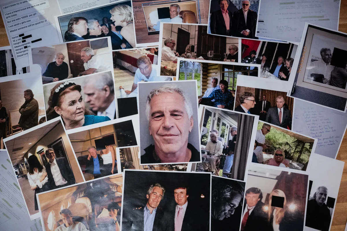Collage of images from the Epstein Files.