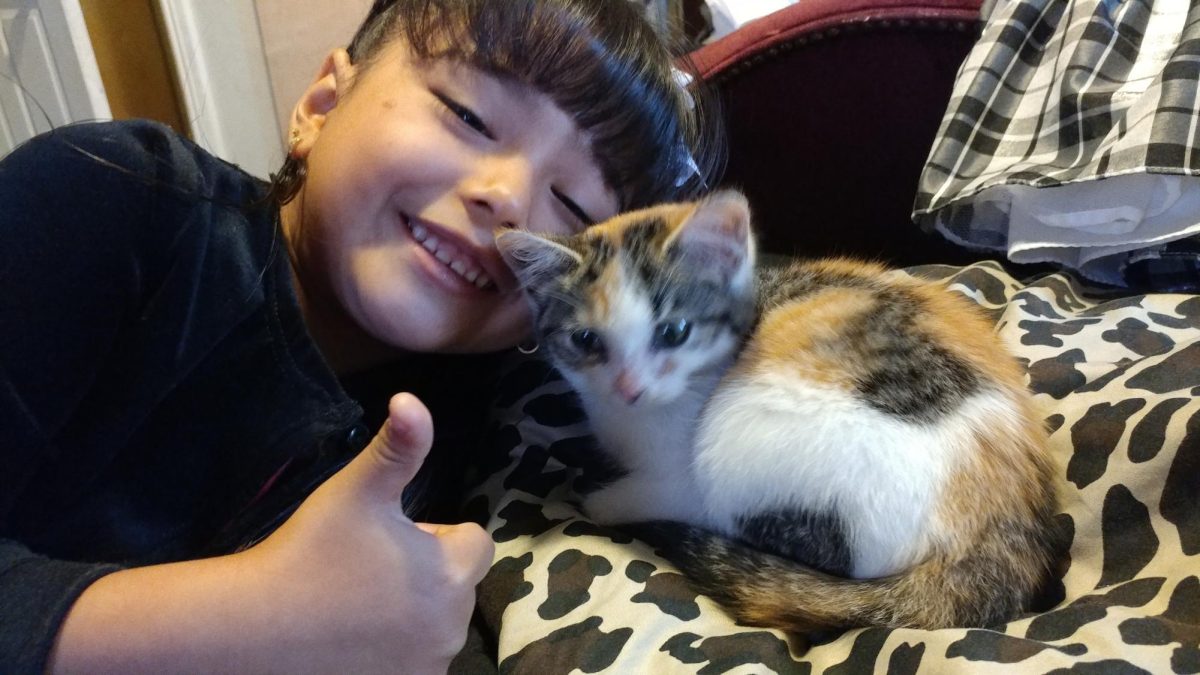 Angelina grooms her cat when she was seven years old.