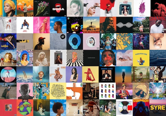 A collage of albums from popular artists.