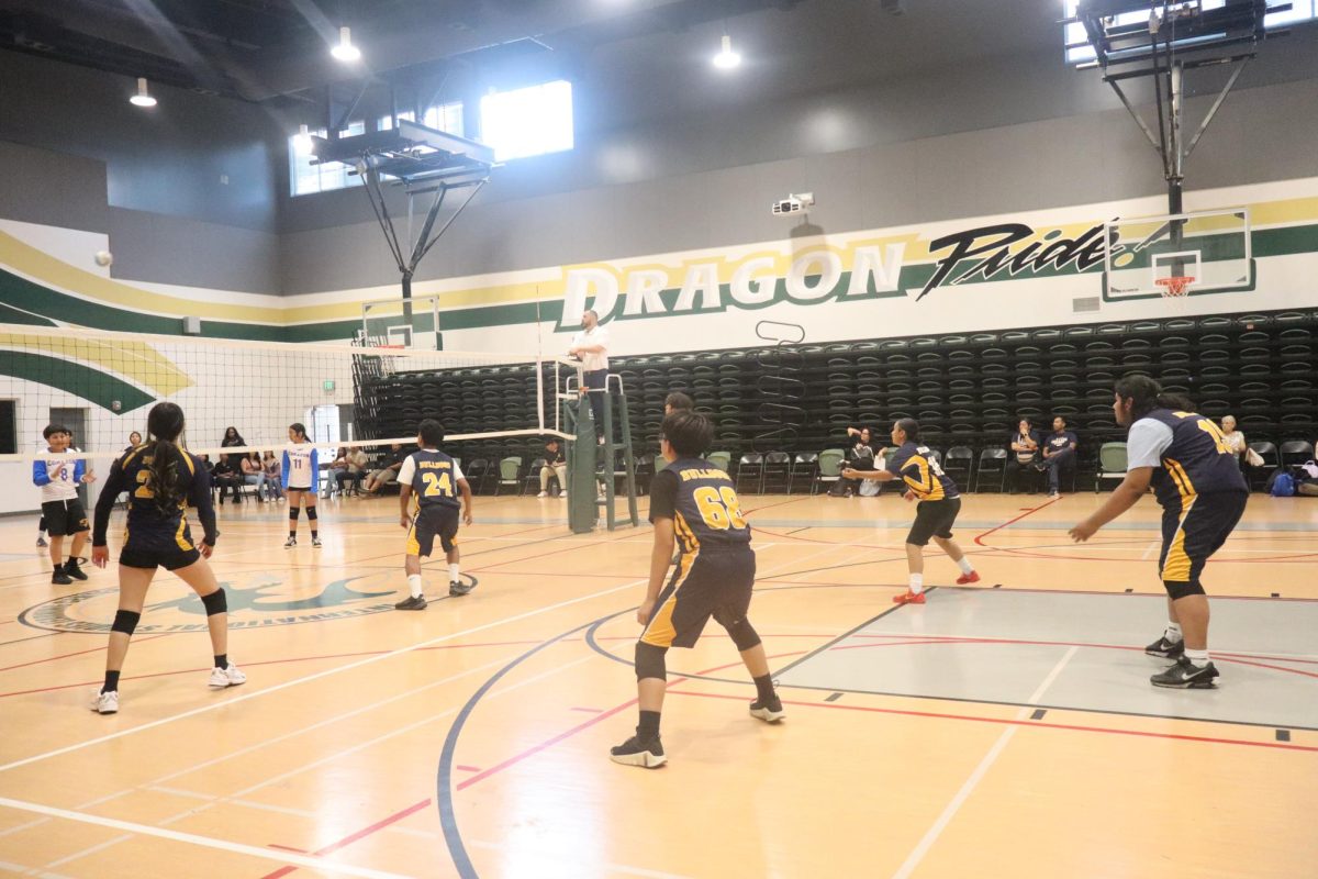 The co-ed volleyball team waiting to receive 