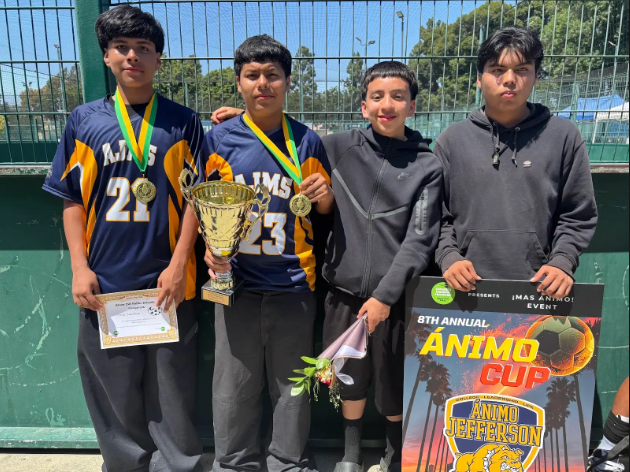 Omar Sanchez, Alejandro Camarillo, Jayden Pilataxi, and Emiliano Mendoza celebrate winning the Animo Cup.