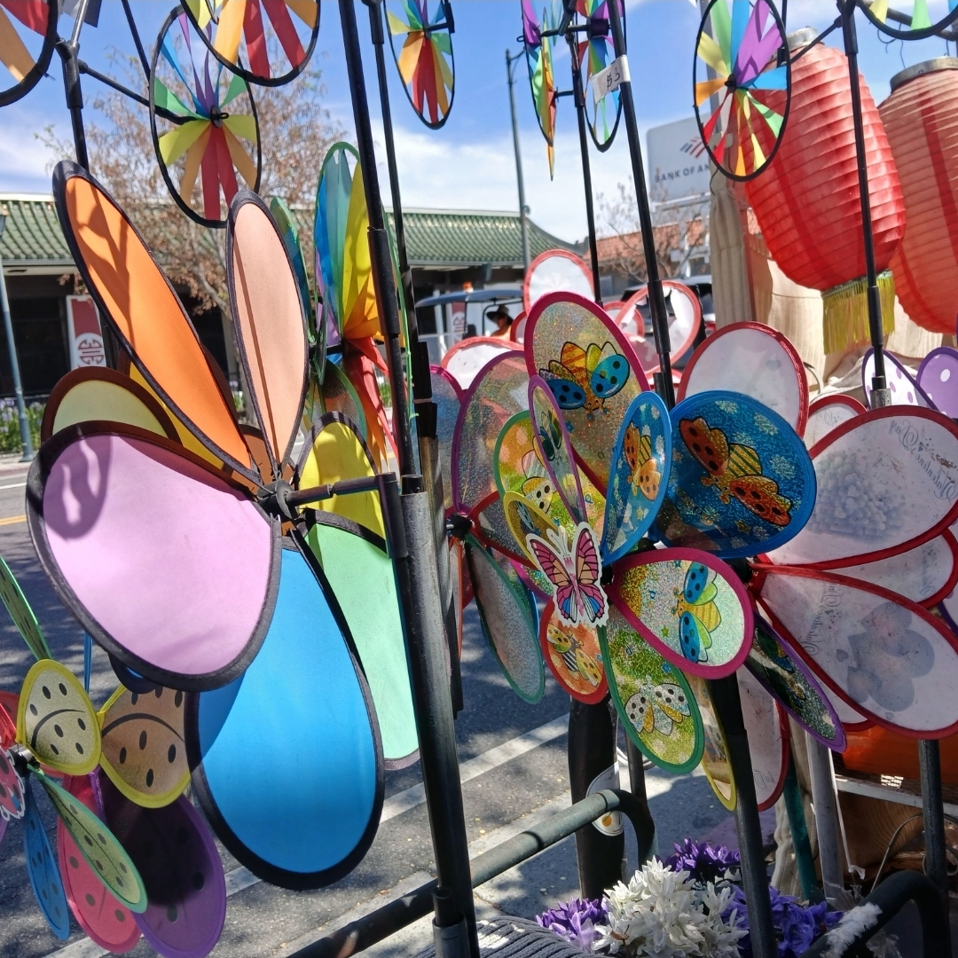 Plastic windmills that are shaped like flowers.
