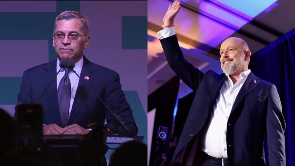 Photo of Xavier Becerra and Steve Hilton campaigning (KTVU)