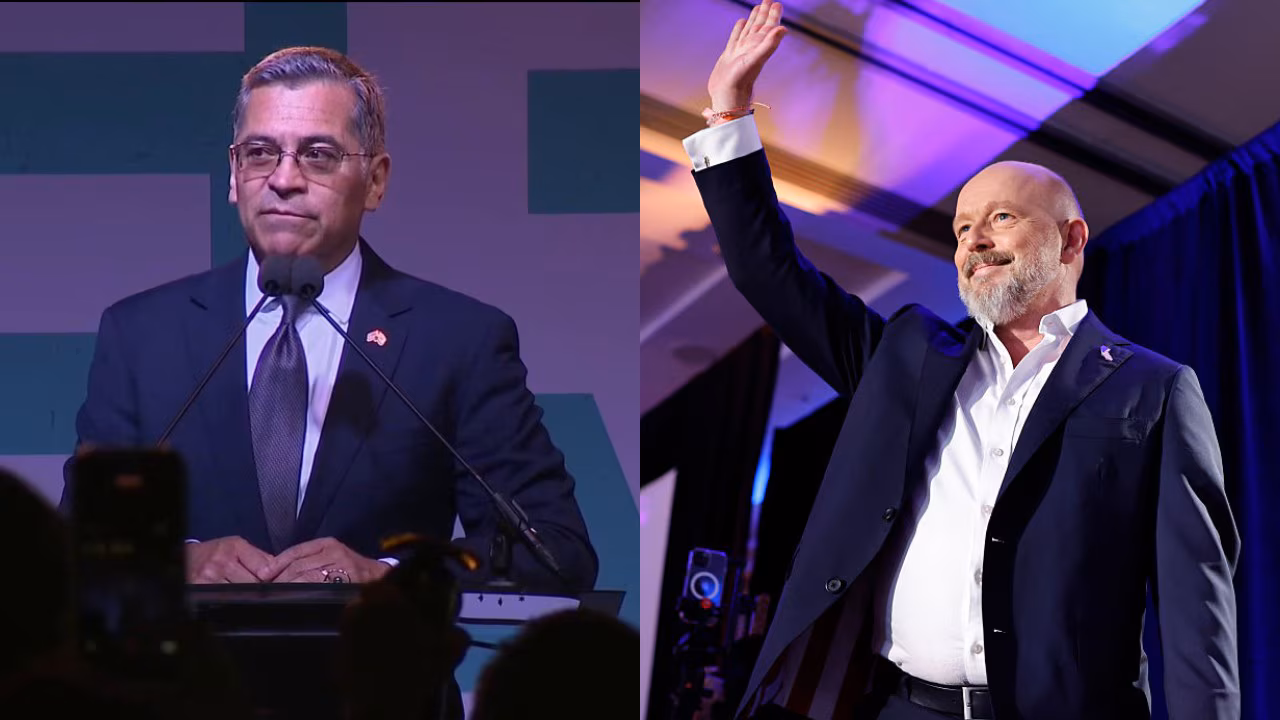 Photo of Xavier Becerra and Steve Hilton campaigning (KTVU)