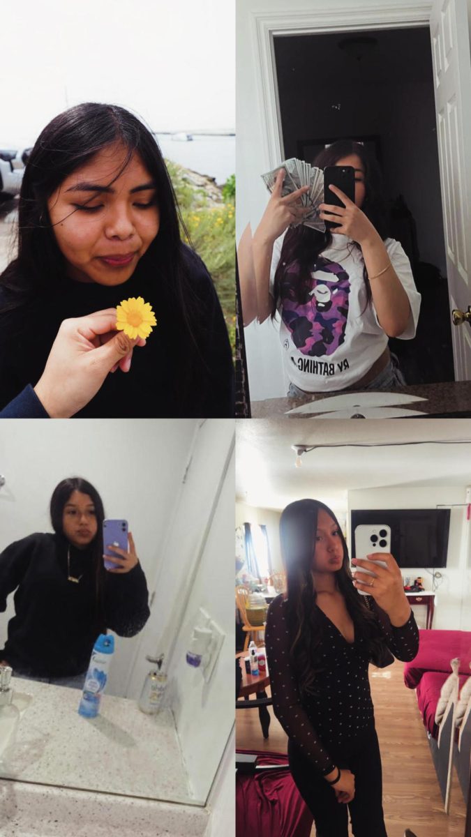 Clockwise from top left: Dayeli Mantilla with a flower, Samantha Guillen posing with her bands, Jasmine Mayo posing in her bathroom for her picture, and Allison Hermosillo posing in her room for her picture.